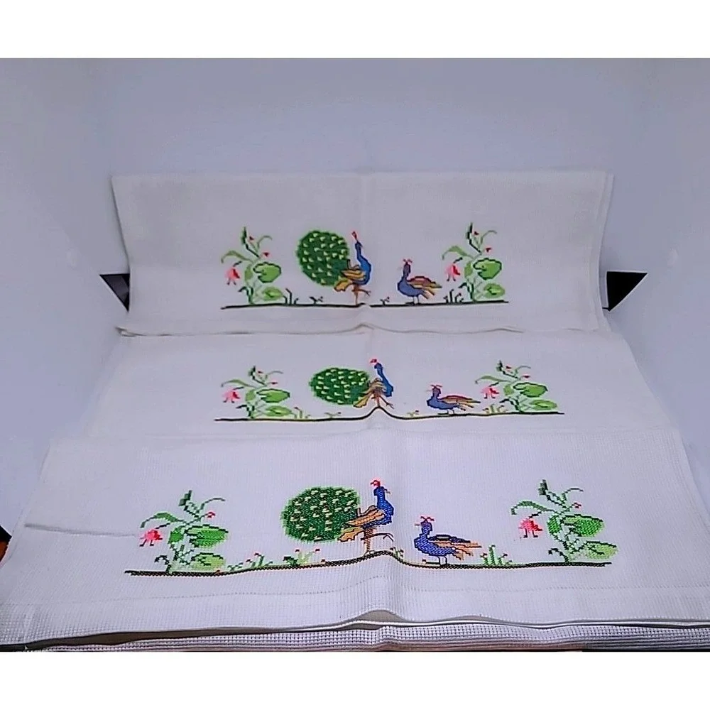 Vintage Peacock Cross Stitch Tea Towels‎ Set of 3 White Cotton Guest Linens Boho